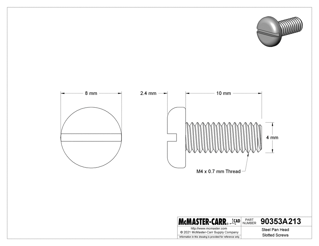 Technical Drawing of Steel Pan Head Slotted Screws, M4 x 0.7 mm Thread, 10 mm Long.